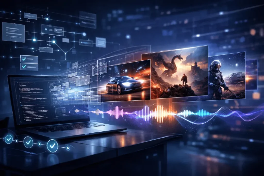 Grok Imagine AI video generation concept showing text prompts transforming into dynamic video with connected developer tools and automated workflows.