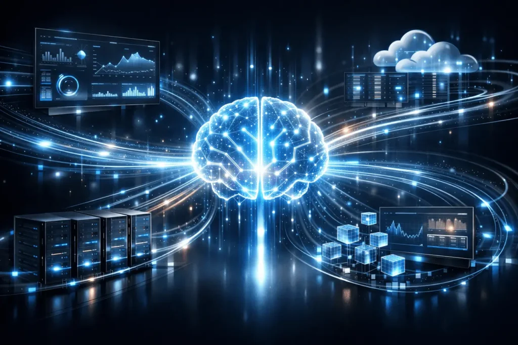 Grok real-time system integration illustrated with live data streams syncing an AI model to external systems in real time.