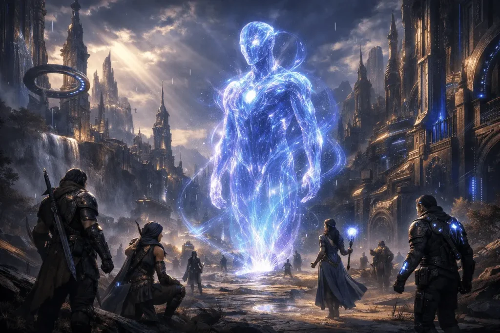 Grok World of Dypians feature image showing a living AI intelligence layer guiding players in a futuristic fantasy MMORPG world on Epic Games.