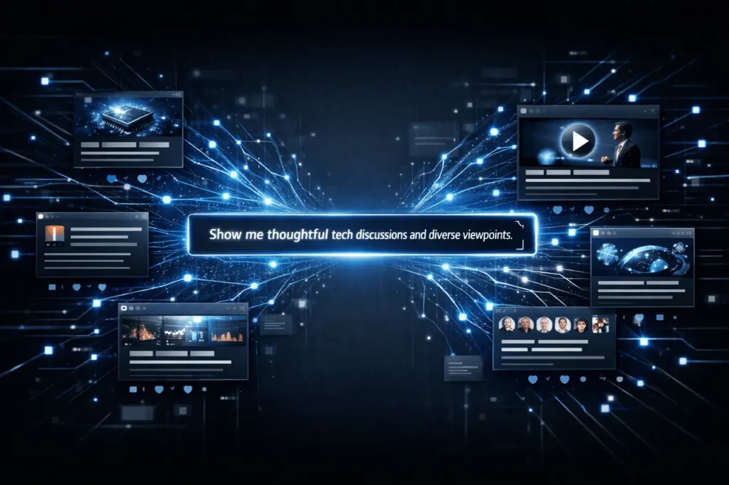 Promptable algorithm on X visual showing Grok-powered AI interpreting user prompts to personalize a social media content feed.