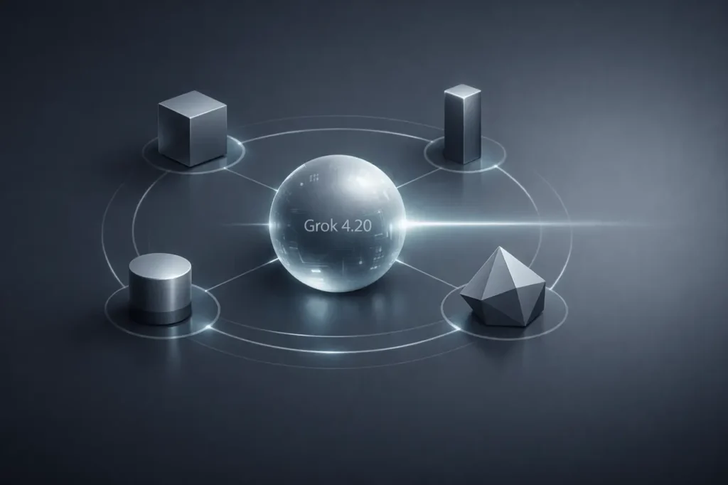 Grok 4.20 multi-agent AI architecture with four reasoning nodes connected to a central neural core in a minimal professional design.