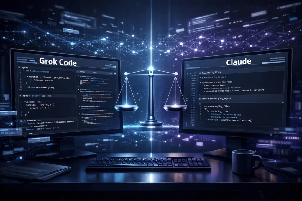 Grok Code vs Claude comparison showing AI coding assistants reaching near parity in code generation performance.