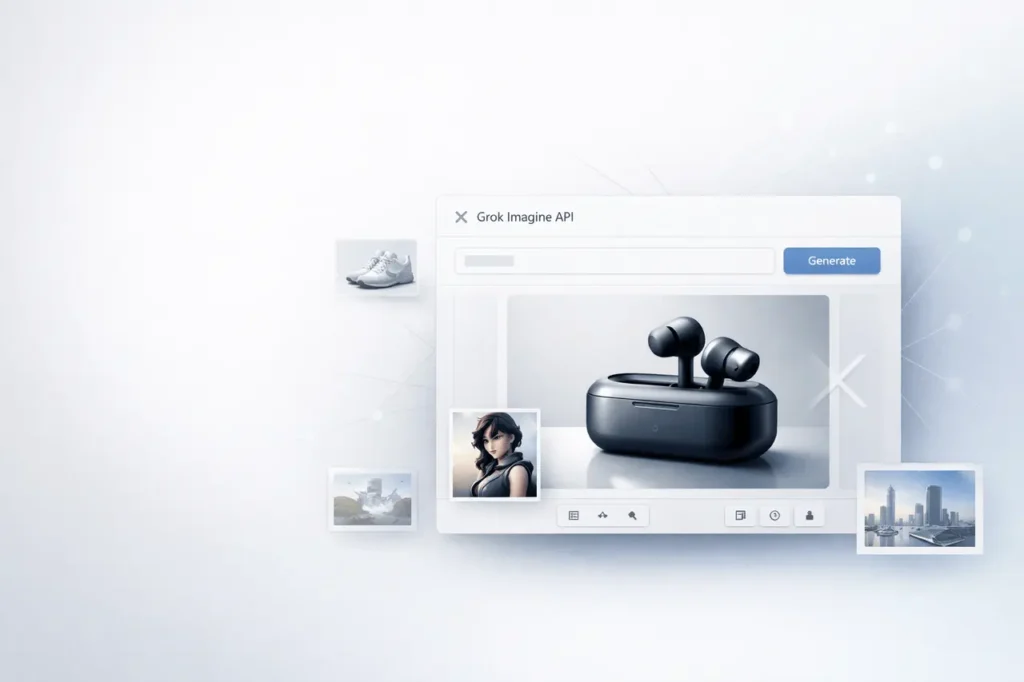 Grok Imagine API interface mockup showing AI-generated product renders and stylized characters in a minimal, modern UI environment.