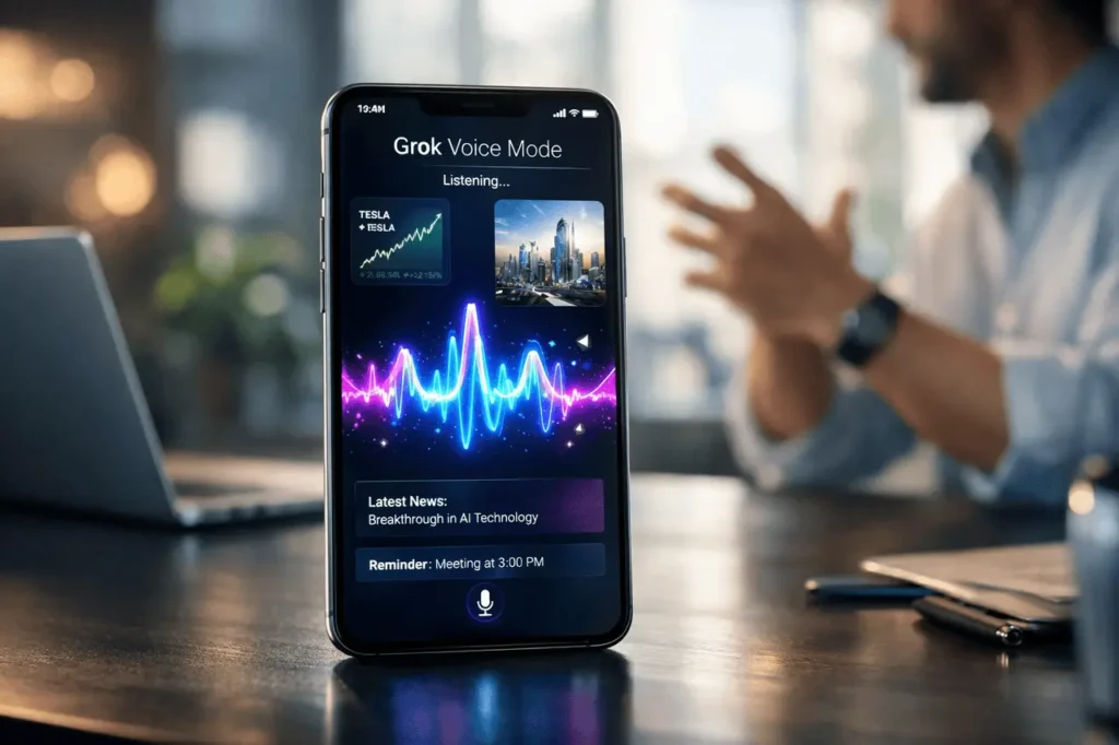 Grok voice mode interface showing a visually rich AI chat response with active voice waveform on a smartphone screen.