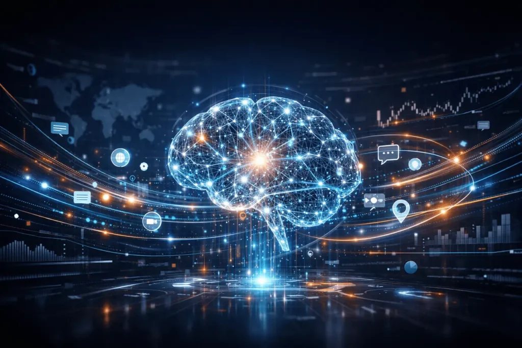 What is Grok AI illustrated as a real-time artificial intelligence model with neural networks and live data streams.