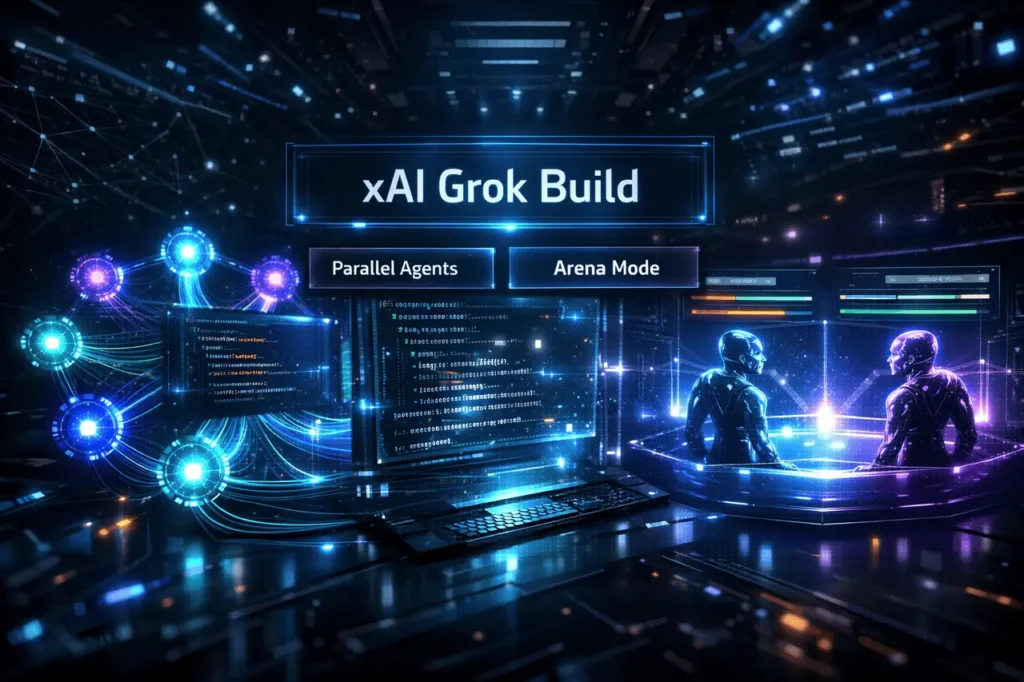 xAI Grok Build interface showing Parallel Agents and Arena Mode in a futuristic multi-agent AI coding environment.