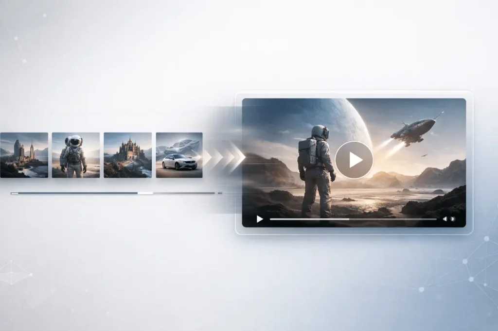 Grok Imagine API multi-image to video generation interface with AI video creation workflow.