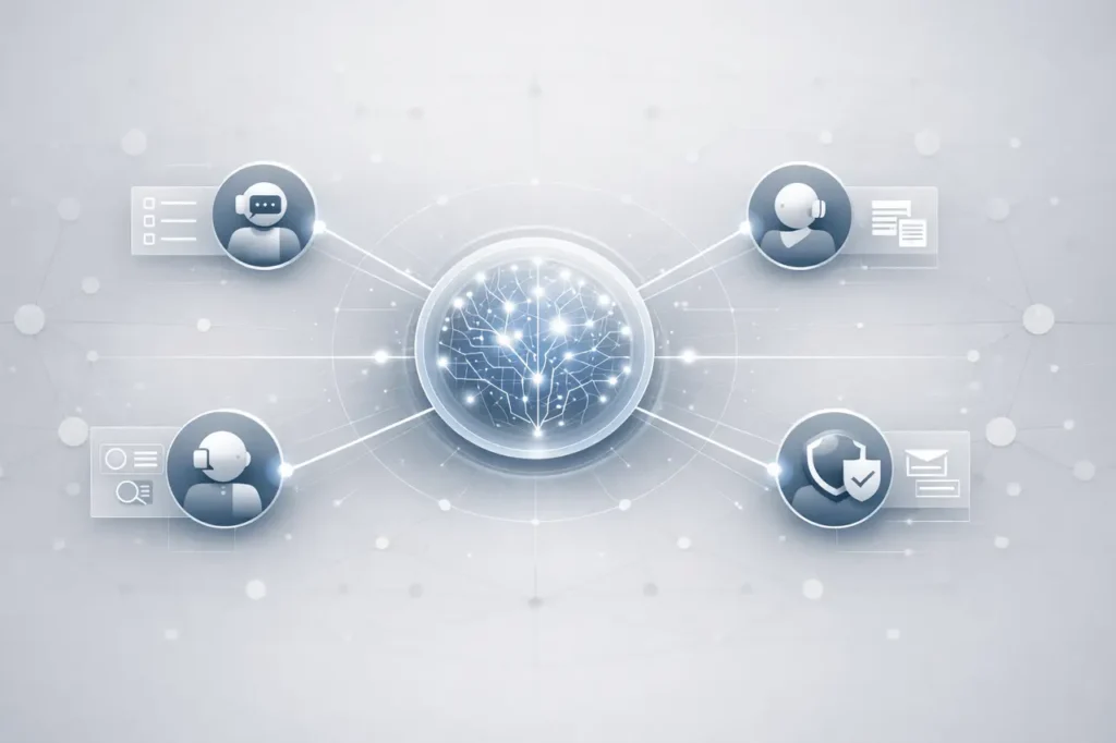 Personal AI Agent Team on Grok visual showing Grok 4.20 multi-agent system with connected AI agents collaborating in a neural network structure.