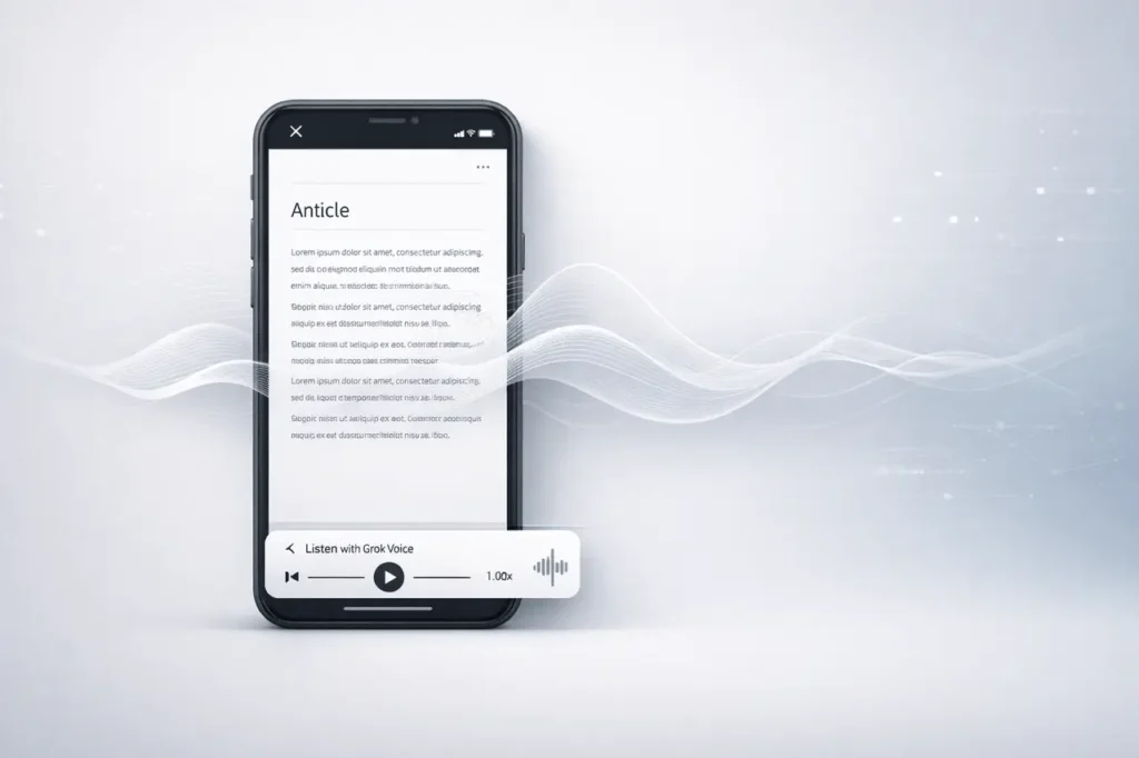 X Listen feature powered by Grok Voice converting articles into podcast-style audio on the X app.