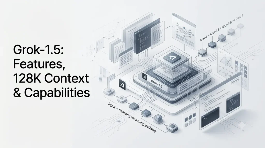 Grok-1.5 AI model with long-context reasoning and coding capabilities.