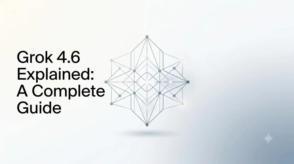 Minimal professional illustration of Grok 4.6 AI model with abstract neural network design in muted blue-gray tones.