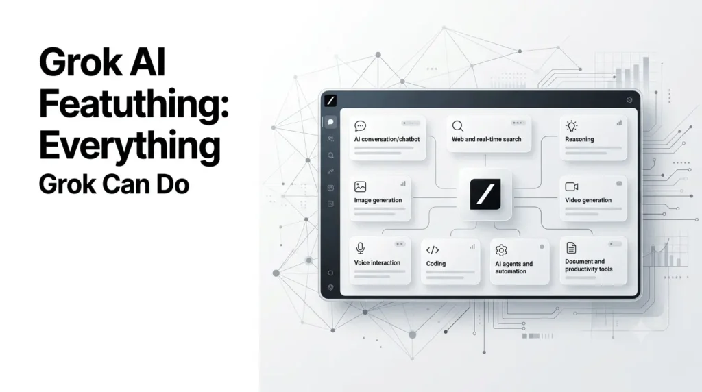 Grok AI features and capabilities including reasoning, voice, search, image generation, coding, and AI agents.