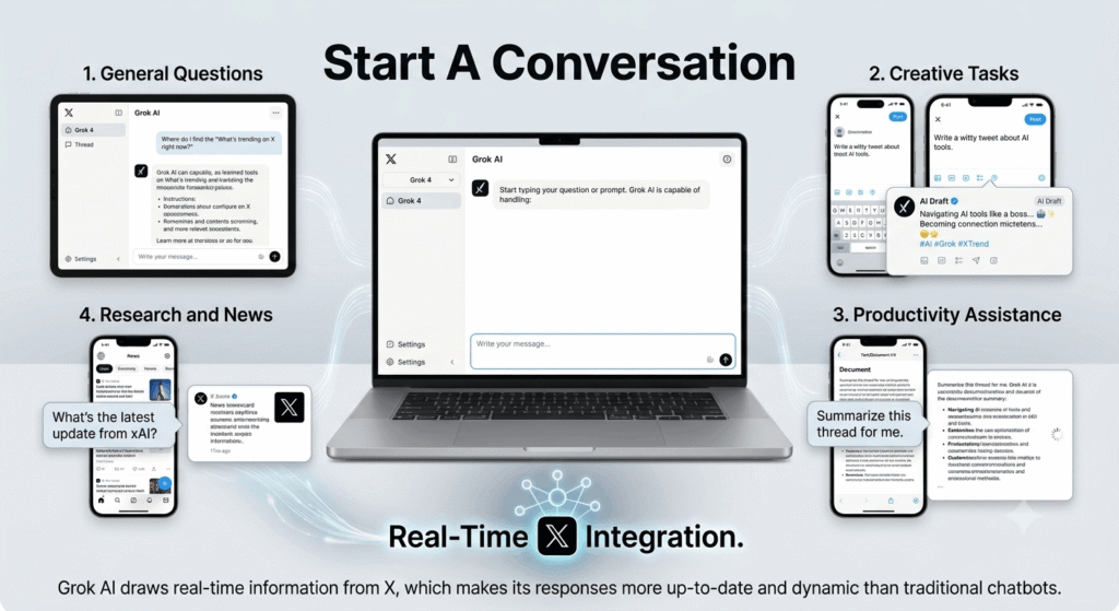 This image explains, how to start conversation in the grok ai.