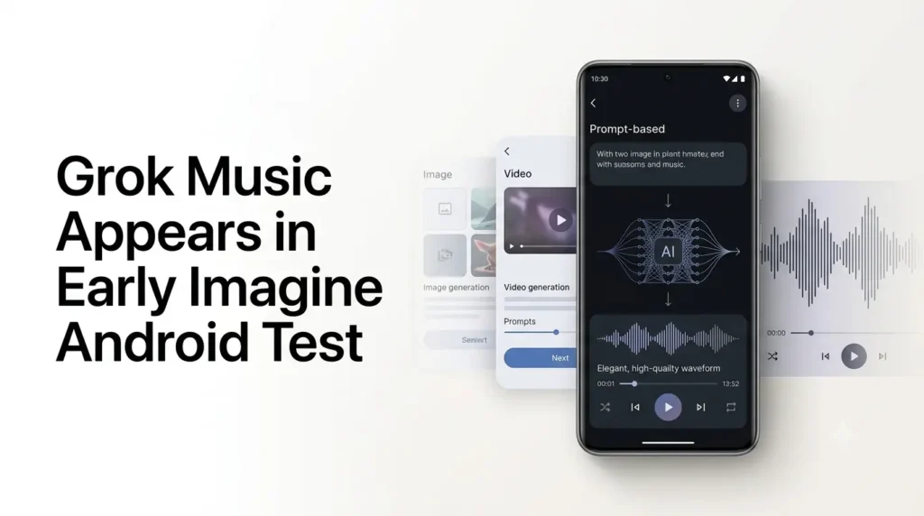 An editorial visualization of the reported Grok Music generation test inside Grok Imagine on Android.
