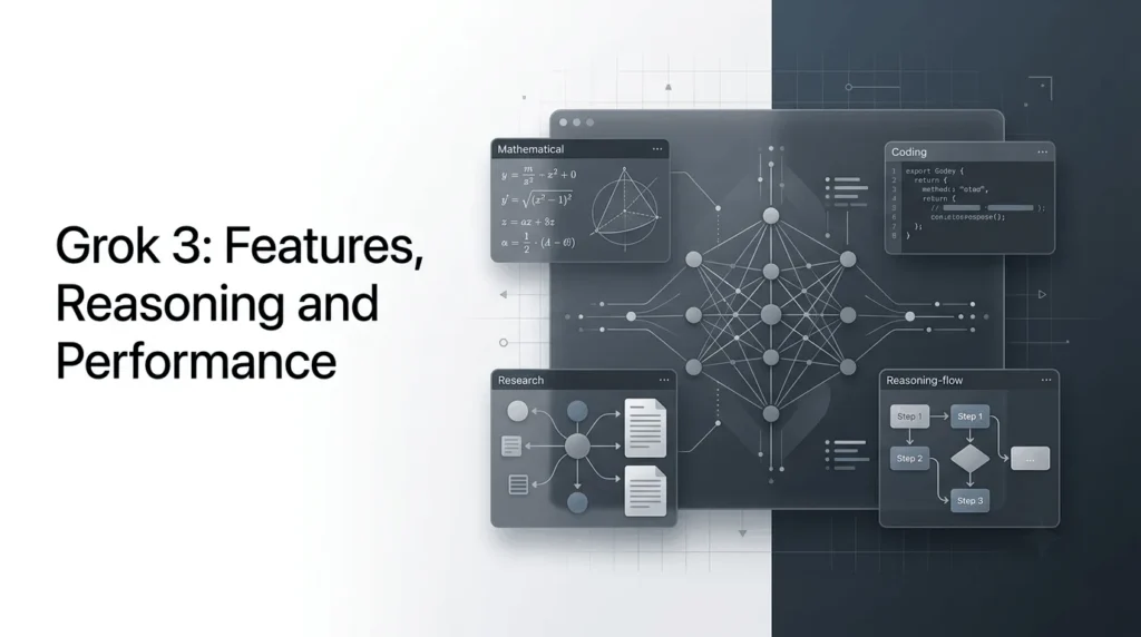Grok 3 AI model illustrating reasoning, mathematics, coding, and research capabilities.