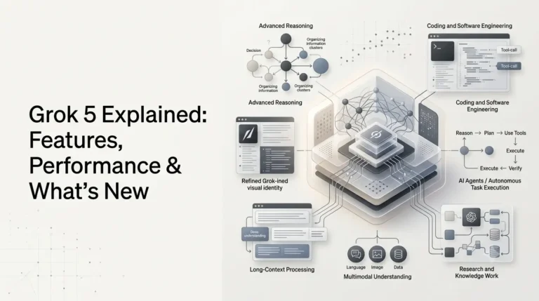 Grok 5 AI model concept showing advanced reasoning, coding, agents and multimodal capabilities.