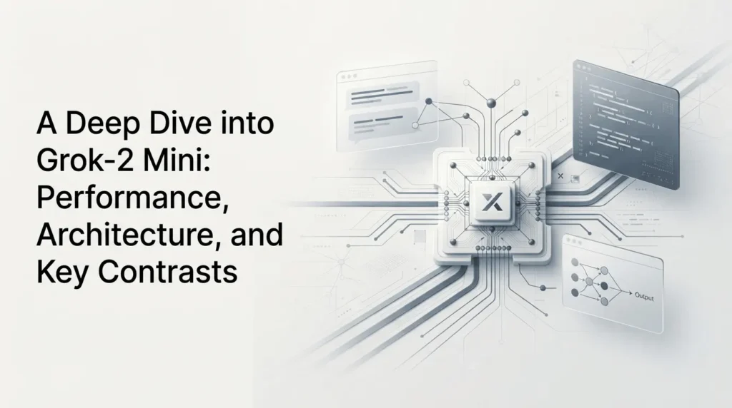 Grok-2 Mini AI model illustration representing fast language processing, coding, and reasoning capabilities..