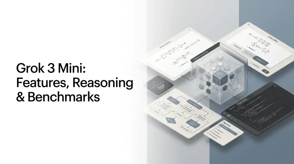 Grok 3 Mini AI model illustrating reasoning, mathematical problem-solving, and coding capabilities.