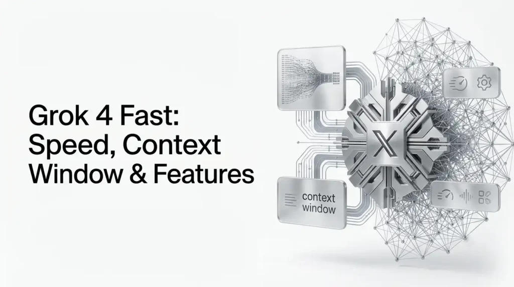 Grok 4 Fast AI model featuring a minimalist interface with data processing, reasoning, and long-context visualization.