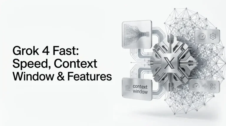 Grok 4 Fast AI model featuring a minimalist interface with data processing, reasoning, and long-context visualization.