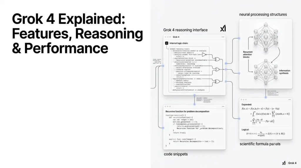 Grok 4 AI model illustrating advanced reasoning, coding, scientific problem-solving, and AI-powered research.