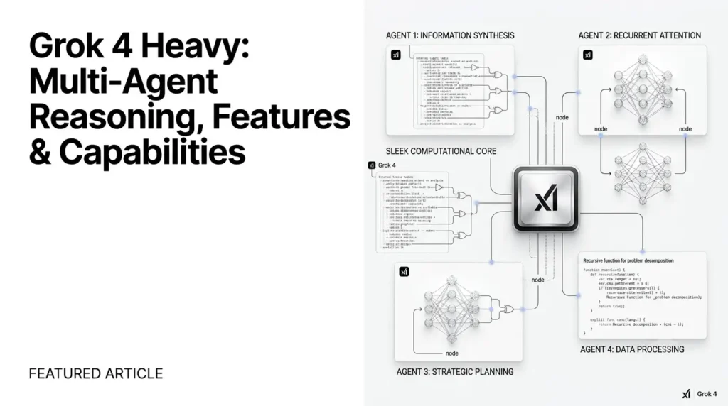 Grok 4 Heavy illustrating multi-agent AI reasoning, parallel problem-solving, and advanced computational analysis.