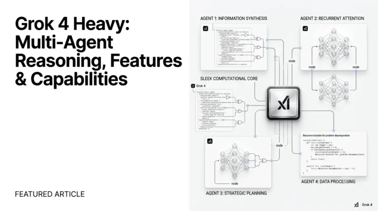 Grok 4 Heavy illustrating multi-agent AI reasoning, parallel problem-solving, and advanced computational analysis.